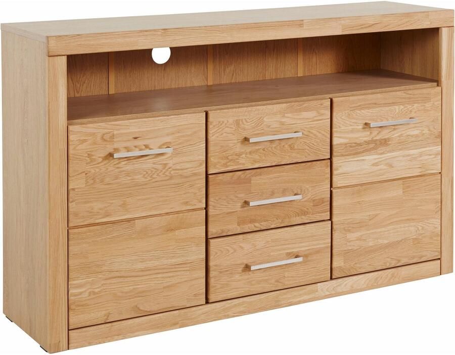 Home affaire Dressoir Ribe 130cm breed 80cm hoog bovenblad massief hout 6 vakken Hout massief houtmateriaal metalen handgrepen 2 deuren 3 laden - Foto 3