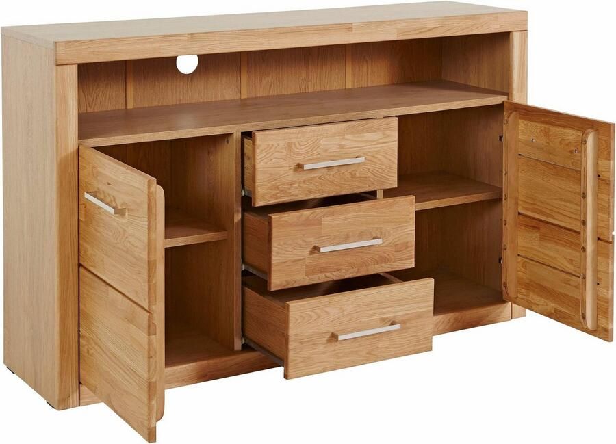 Home affaire Dressoir Ribe 130cm breed 80cm hoog bovenblad massief hout 6 vakken Hout massief houtmateriaal metalen handgrepen 2 deuren 3 laden - Foto 5