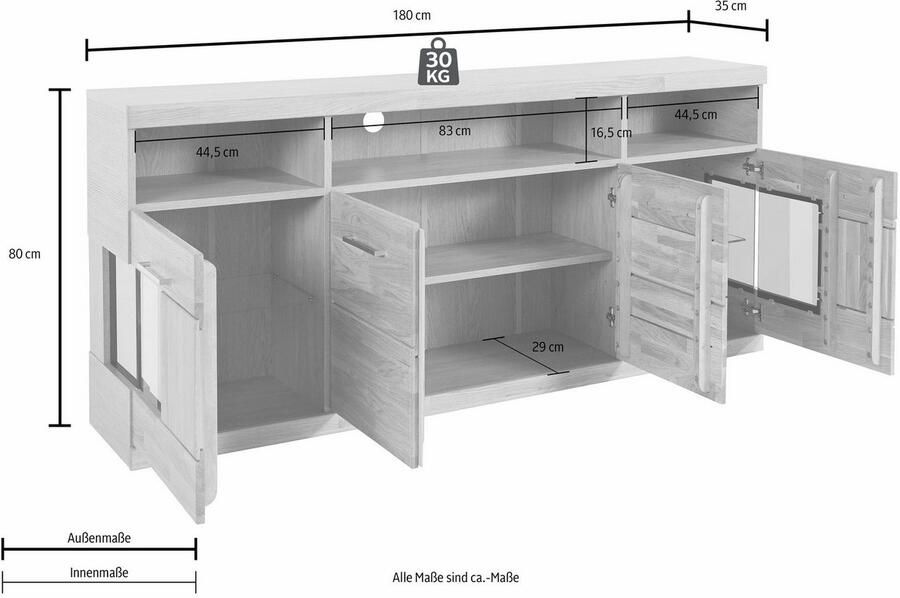 Home affaire Dressoir Ribe 180cm breed 9 vakken Hout massief houtmateriaal metalen handgrepen 2 deuren met glazen inzet
