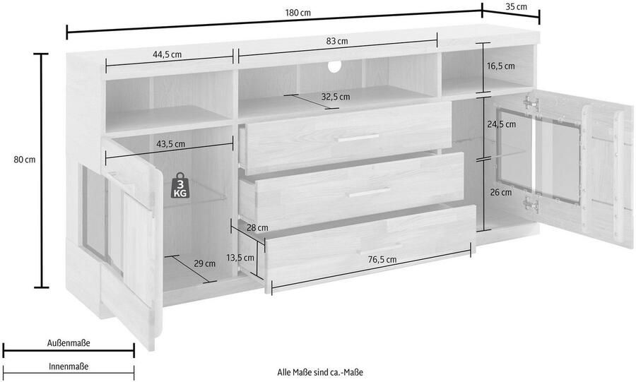 Home affaire Dressoir Ribe 180cm breed fronten massief hout 7 vakken variabele bodems - Foto 3