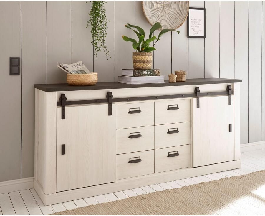Home affaire Dressoir Sherwood modern houtdecor met schuurdeurbeslag van metaal breedte 201 cm - Foto 3