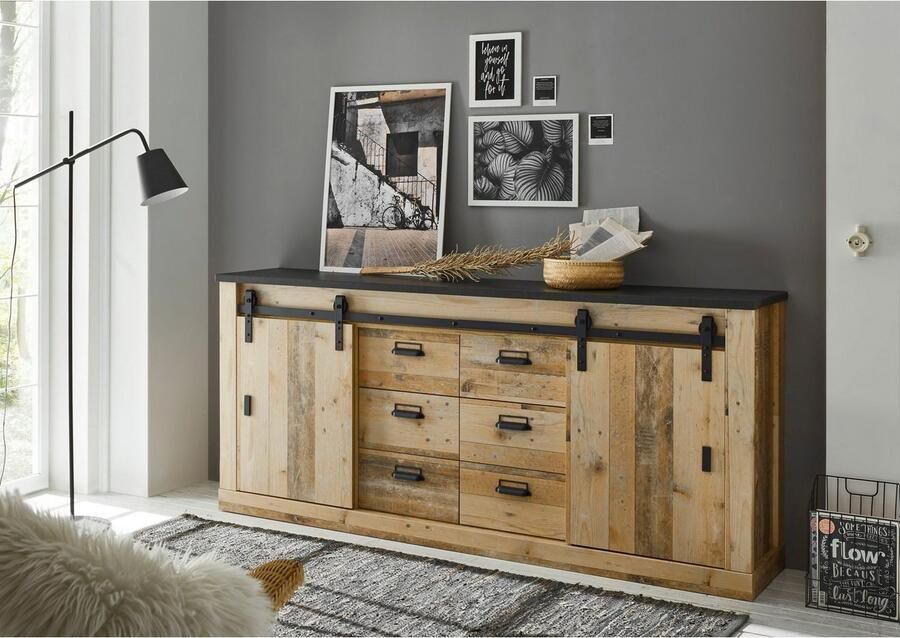 Home affaire Dressoir Sherwood modern houtdecor met schuurdeurbeslag van metaal breedte 201 cm - Foto 3