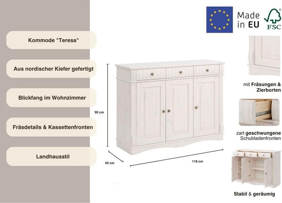 Home affaire Dressoir Teresa Commode 3-deurs breedte 119 cm van massief dennenhout FSC - Foto 5