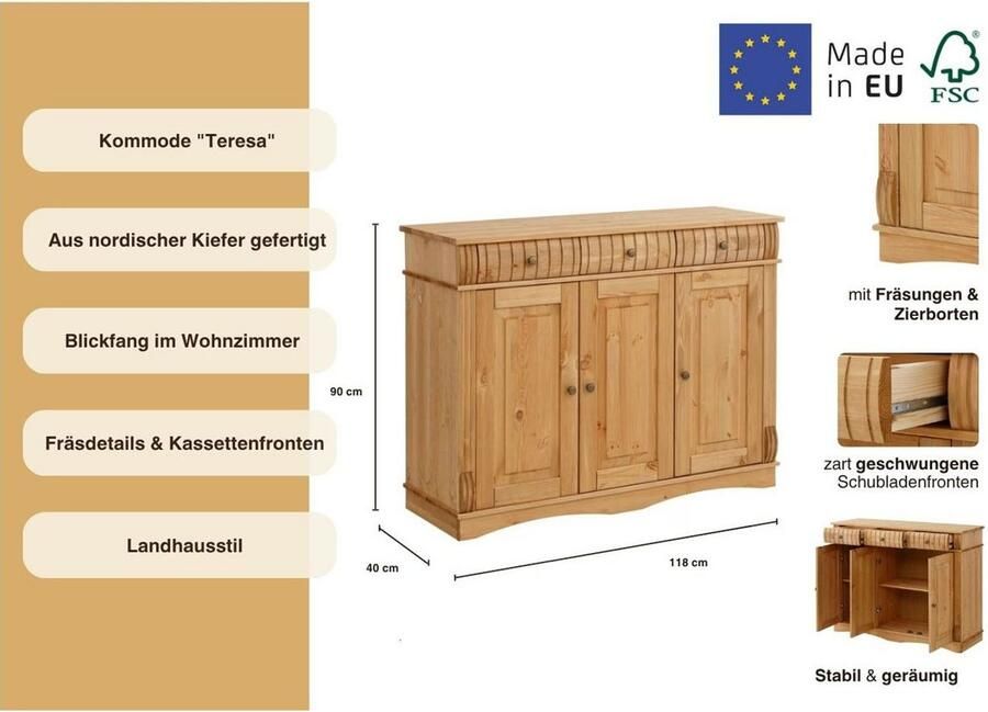 Home affaire Dressoir Teresa Commode 3-deurs breedte 119 cm van massief dennenhout FSC - Foto 4