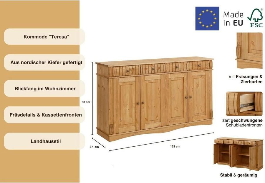 Home affaire Dressoir Teresa Commode 4-deurs breedte 152 cm van massief dennenhout FSC - Foto 4