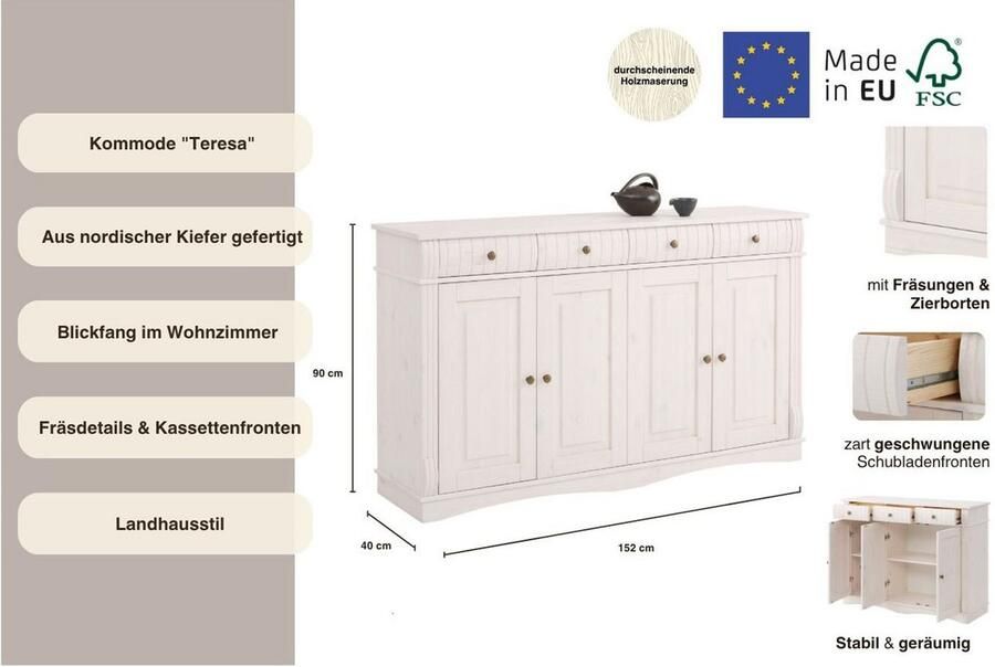 Home affaire Dressoir Teresa Commode 4-deurs breedte 152 cm van massief dennenhout FSC - Foto 5