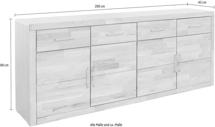 Home affaire Dressoir Trondheim 200 cm breed 42 cm diep fronten massief hout metalen handgrepen