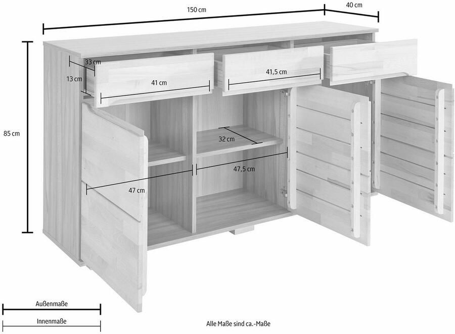 Home affaire Dressoir Vetro 150cm breed 40 cm diep fronten massief hout 6 vakken Kernbeukenhout massief houtmateriaal 3 deuren 3 laden greeploze fronten - Foto 4