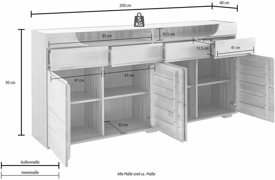 Home affaire Dressoir Vetro 200cm breed 40 cm diep 4 lades bovenblad van glas Kernbeukenhout massief houtmateriaal 4 deuren 4 laden greeploze fronten - Foto 4