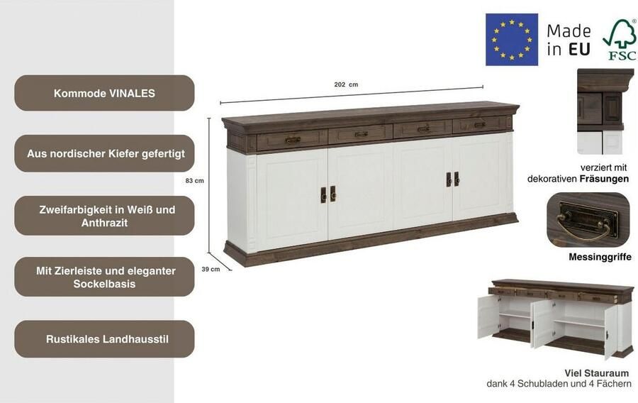 Home affaire Dressoir Vinales Commode in klassieke landelijke stijl breedte 202 cm - Foto 6