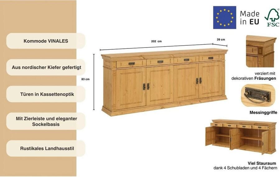 Home affaire Dressoir Vinales Commode in klassieke landelijke stijl breedte 202 cm - Foto 5
