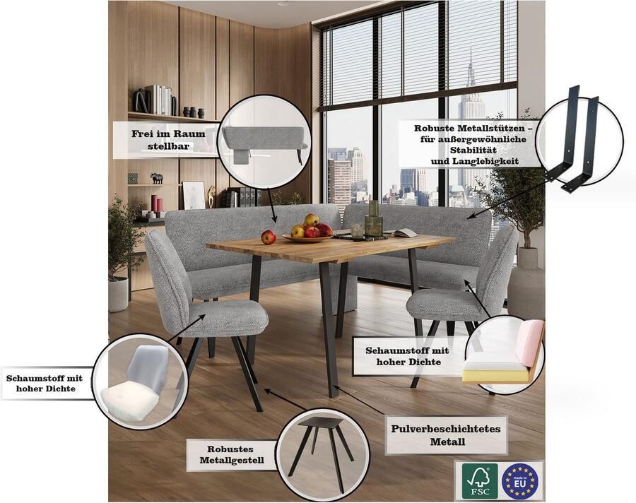 Home affaire Hoekbank Mily Keukenbank Kussenbank Eettafelbank 205x164 cm Moderne bank en kleuren aantal zitplaatsen: 5 vrij in de ruimte te plaatsen