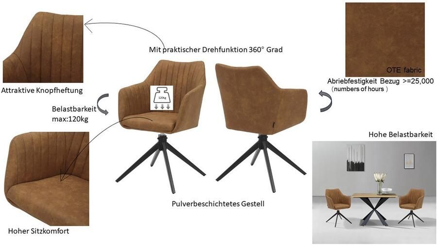 Home affaire Eetkamerstoel Naples TOPSELLER! OTTOs keuze Draaisteel met 360 graden draaifunctie hoogwaardige materialen onderhoudsvriendelijk (set 2 stuks) - Foto 9