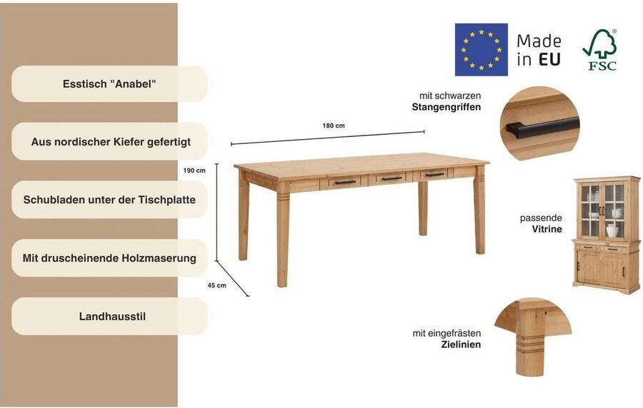Home affaire Eettafel Anabel lades met zwarte metalen handgrepen gemaakt van massief grenen 6 laden onder het tafelblad breedte 180 cm - Foto 4