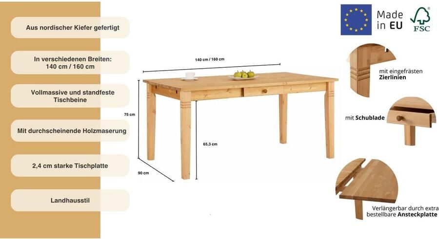 Home affaire Eettafel Danuta keuze met lade van massief grenen fsc -gecertificeerd - Foto 8