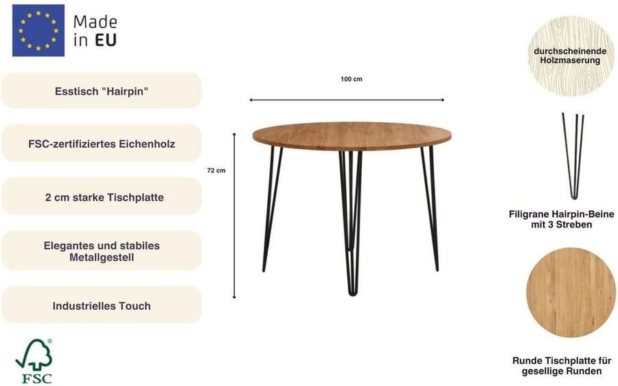 Home affaire Eettafel Hairpin Houten tafel van eikenhout met metalen poten breedte 100 cm - Foto 4