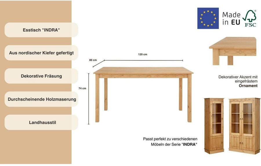 Home affaire Eettafel Indra van massief grenen naar keuze met of zonder verlenging - Foto 2