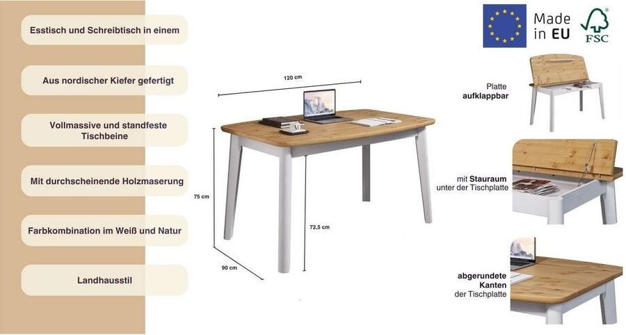 Home affaire Eettafel Palermo multifunctionele tafel werktafel bureau met opbergruimte opklapbaar blad home office bureau massief hout - Foto 6