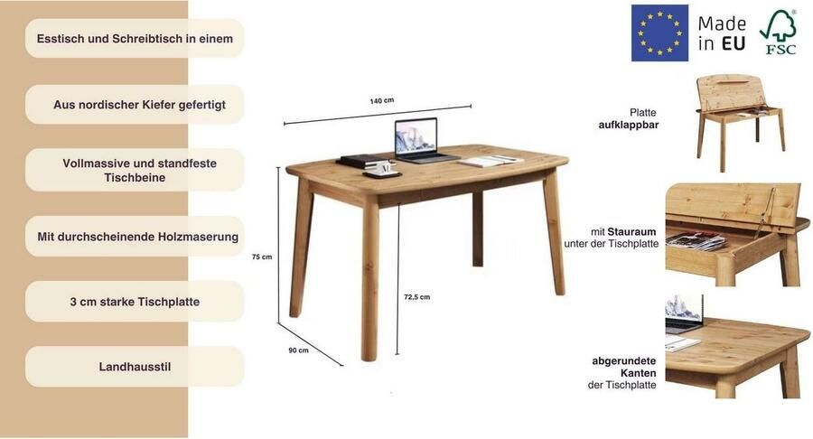 Home affaire Eettafel Palermo multifunctionele tafel werktafel bureau met opbergruimte opklapbaar blad home office bureau massief hout - Foto 6