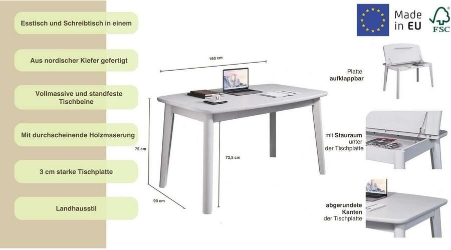 Home affaire Eettafel Palermo multifunctionele tafel werktafel bureau met opbergruimte opklapbaar blad home office bureau massief hout - Foto 6