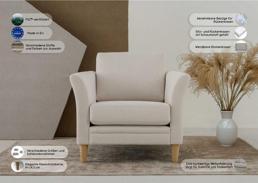 Home affaire Fauteuil Arellano breedte 93 cm klassiek ontwerp met massief houten voeten fijn geweven stof - Foto 5