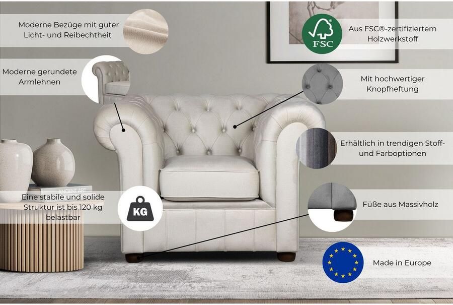 Home affaire Fauteuil CHARENTE Chesterfield golfsysteem afmetingen B D H: 105 89 74 cm - Foto 3