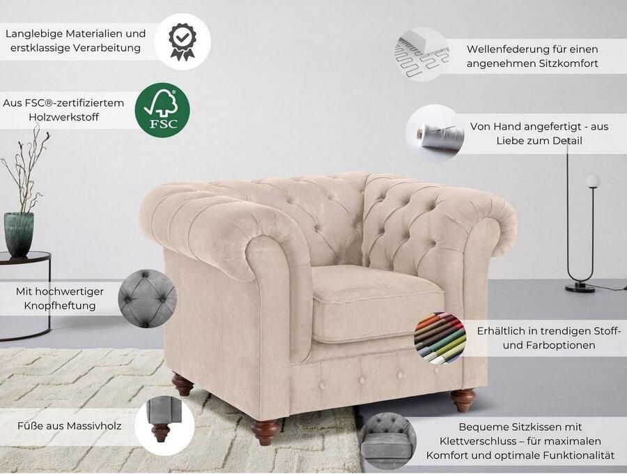 Home affaire Fauteuil Chesterfield B D H: 105 69 74 cm met hoogwaardige knoopdetails ook in leer - Foto 2