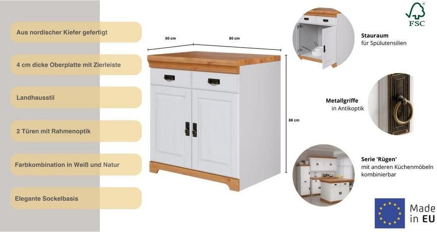 Home affaire Gootsteenkast Rügen Breedte 80 cm massief grenen met 2 deuren - Foto 11