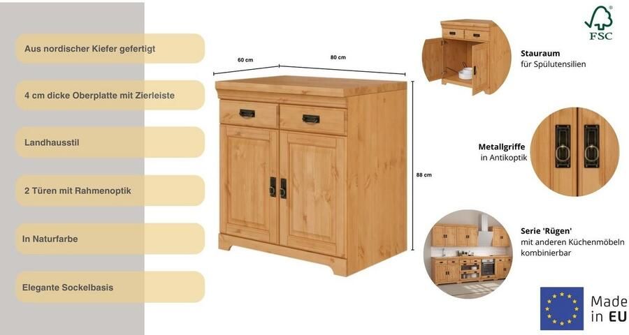 Home affaire Gootsteenkast Rügen Breedte 80 cm massief grenen met 2 deuren - Foto 8