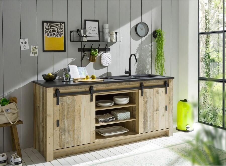 Home affaire Gootsteenkast Sherwood Breedte 201 cm met schuurdeurbeslag van metaal - Foto 2