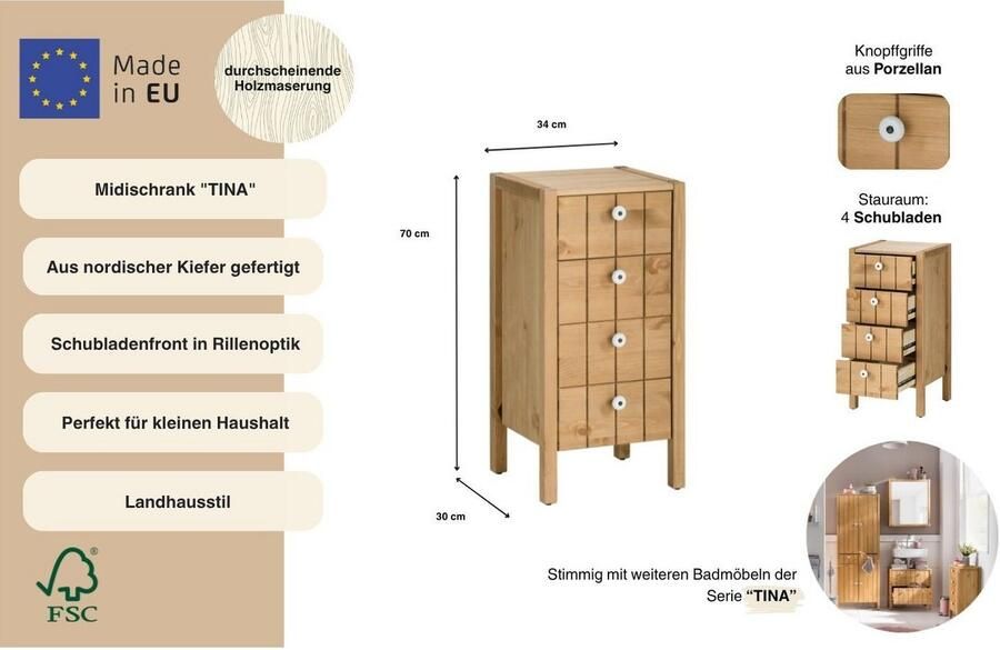 Home affaire Halfhoge kast TINA Badkamermeubel kast breedte 31 5 cm massief hout - Foto 5