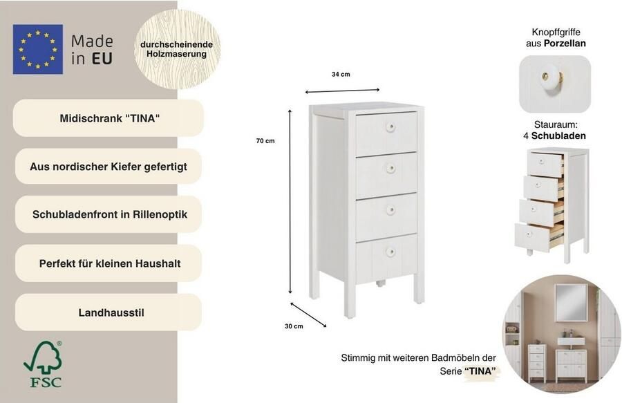Home affaire Wastafelonderkast TINA Badkamermeubel kast breedte 60 cm massief hout - Foto 20