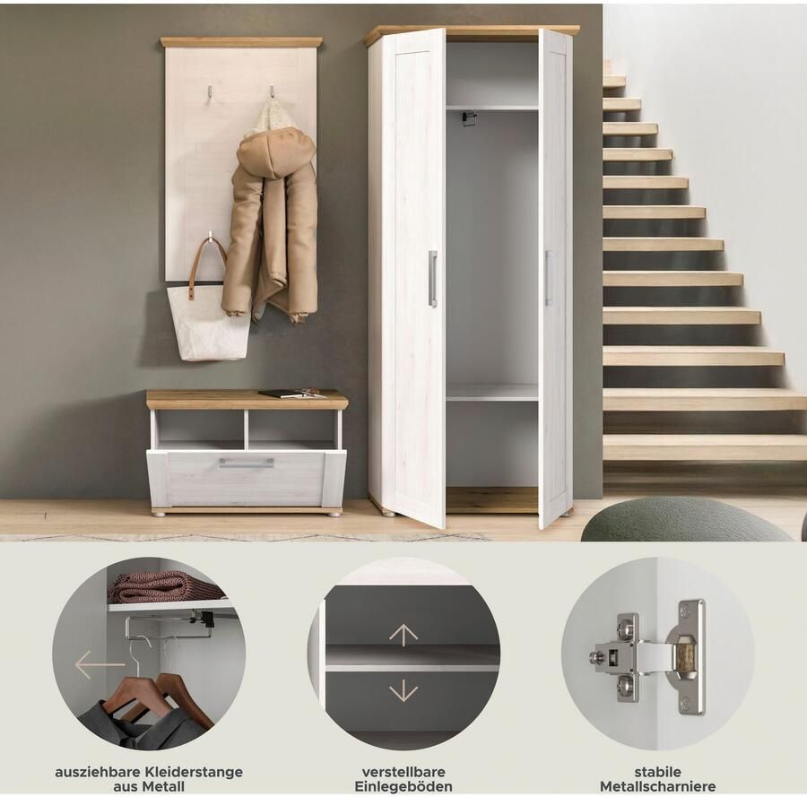 Home affaire Halmeubelset Cosenza Breedte ca. 175 cm 2-kleurig 3-delig bestaande uit: Garderobekombinatie combinatie hal garderobe garderobemeubels (3-delig) - Foto 4