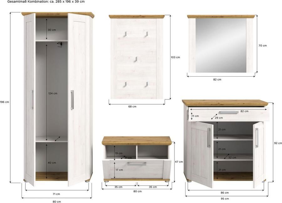Home affaire Halmeubelset Cosenza Breedte ca. 285 cm 2-kleurig 5-delig bestaande uit: Garderobekombinatie combinatie hal garderobe garderobemeubels (5 stuks) - Foto 13