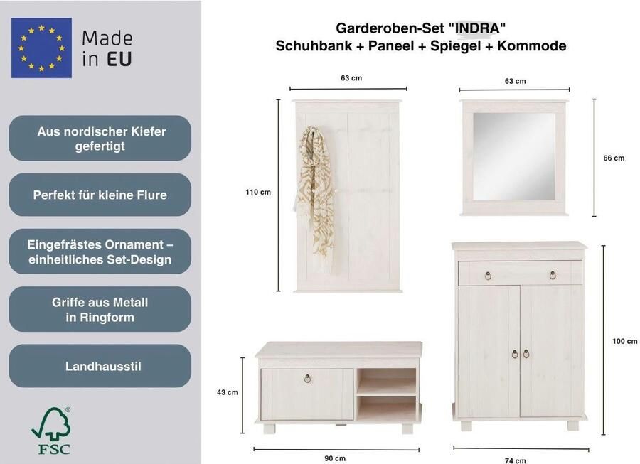 Home affaire Halmeubelset Indra 4-delig set: schoenenbank paneel spiegel commode massief dennenhout (set 4-delig) - Foto 6