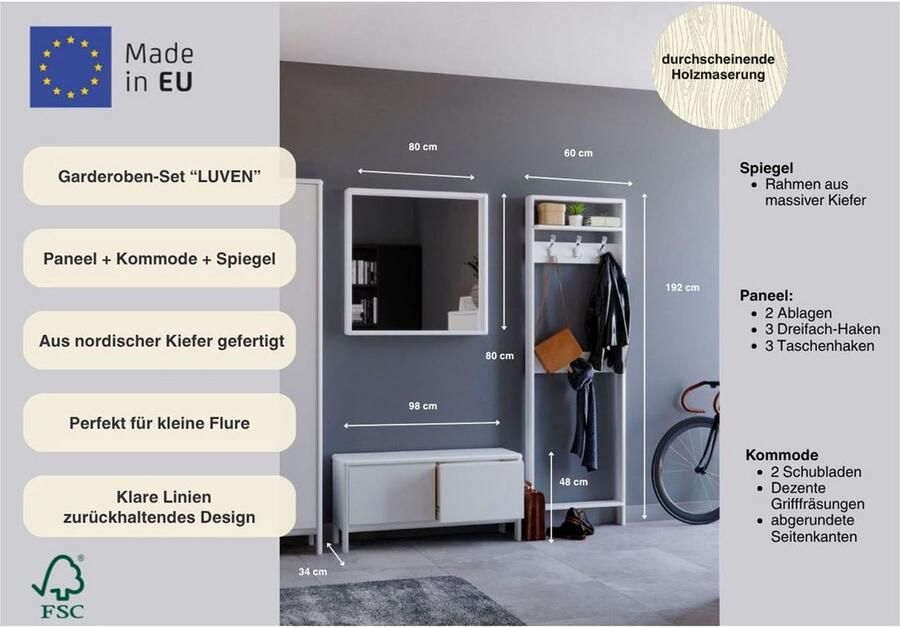 Home affaire Halmeubelset Luven van massief hout fsc bestaande uit spiegel paneel en commode (set) - Foto 8
