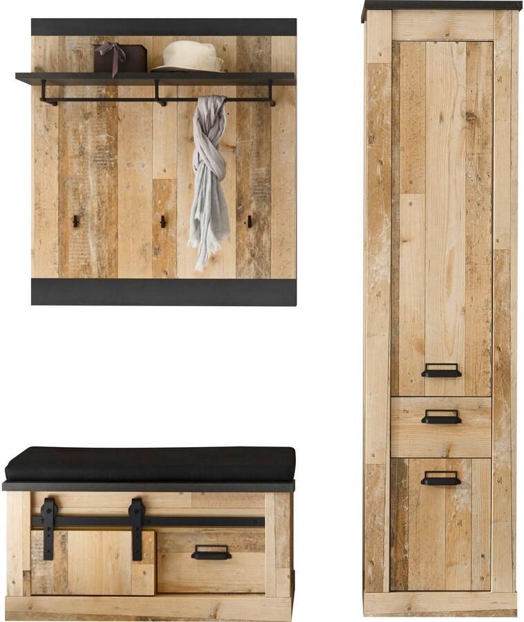 Home affaire Halmeubelset Sherwood met schuurdeurbeslag apothekersgrepen van metaal breedte ca. 164 cm (3-delig) - Foto 2