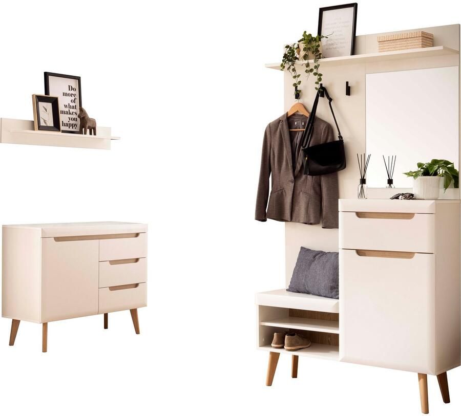 Home affaire Halmeubelset Torge kapstok met opbergruimte garderobekast in Scandic design bevat sideboard garderobe met spiegel en wandplank in twee kleuren (set 3-delig)