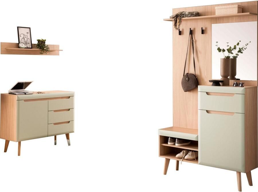 Home affaire Halmeubelset Torge kapstok met opbergruimte garderobekast in Scandic design bevat sideboard garderobe met spiegel en wandplank in twee kleuren (set 3-delig)