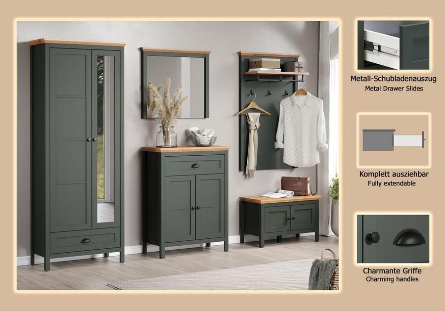 Home affaire Halmeubelset Vienna Set bestaande uit: kast commode schoenenbank spiegel en paneel (5 stuks) - Foto 5