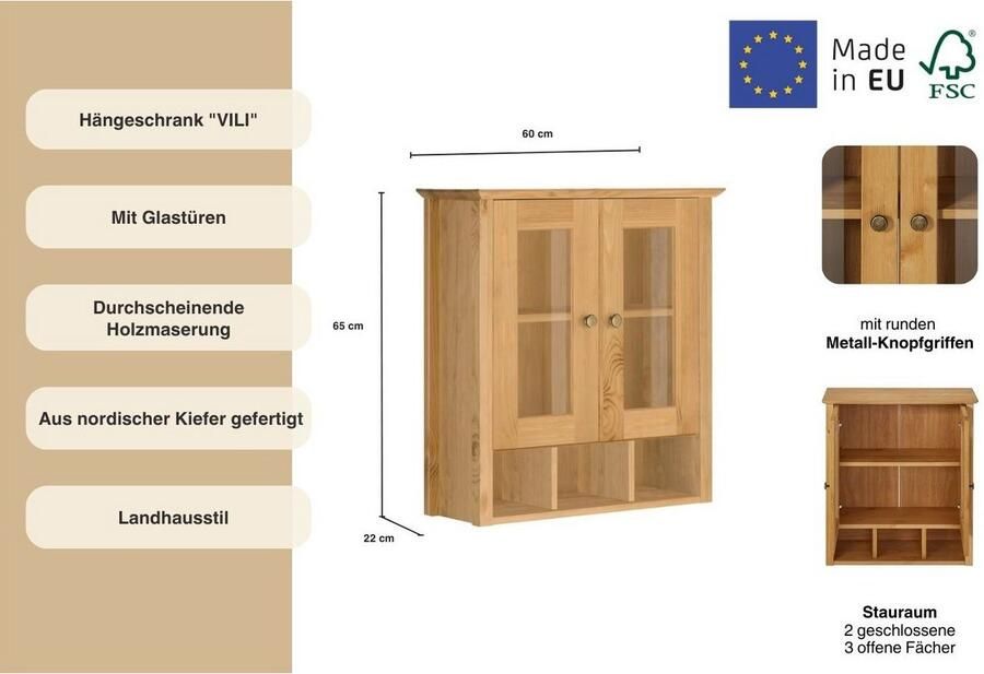 Home affaire Hangkast Vili Badkamerkast met glazen deuren breedte 60 cm van massief hout - Foto 7