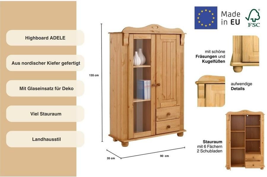 Home affaire Highboard ADELE Opbergkast 2-deurs hoogte 135 cm van massief dennenhout FSC - Foto 8