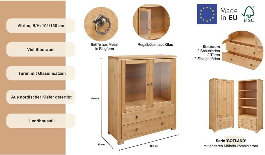 Home affaire Highboard Gotland Vitrine breedte 101 cm deuren met glazen inzetstukken van massief dennenhout - Foto 10