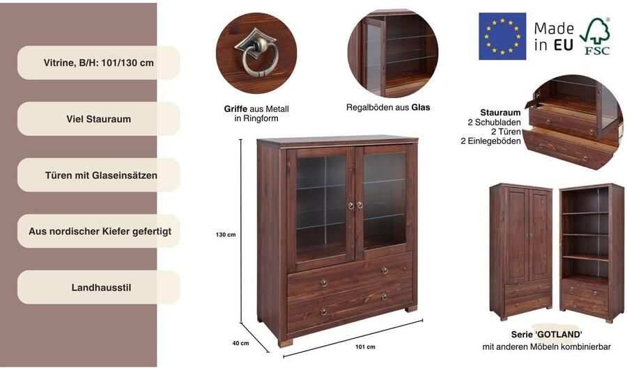 Home affaire Highboard Gotland Vitrine breedte 101 cm deuren met glazen inzetstukken van massief dennenhout - Foto 10
