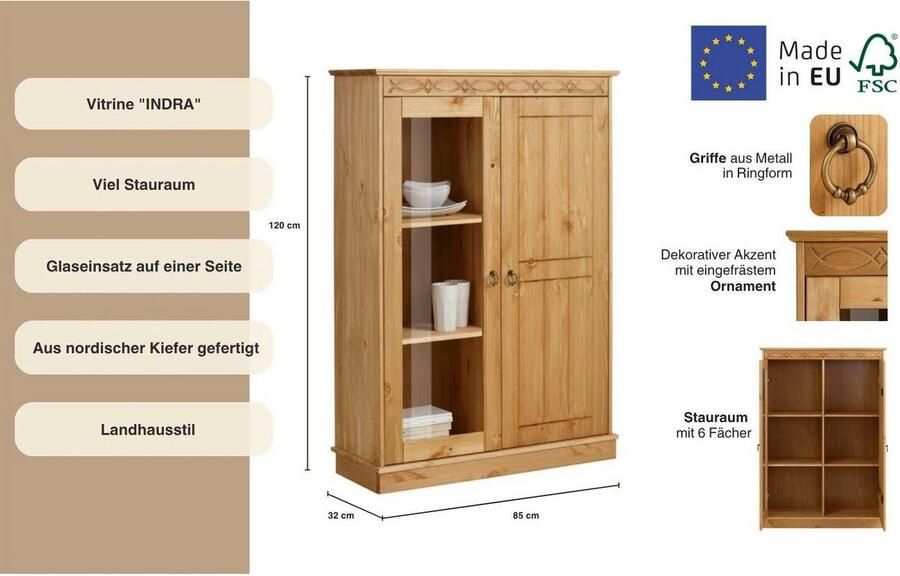 Home affaire Highboard Indra Vitrine breedte 85 cm van massief grenen - Foto 7