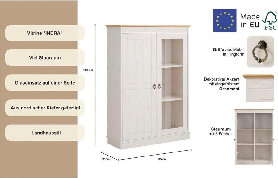 Home affaire Highboard Indra Vitrine breedte 85 cm van massief grenen - Foto 9