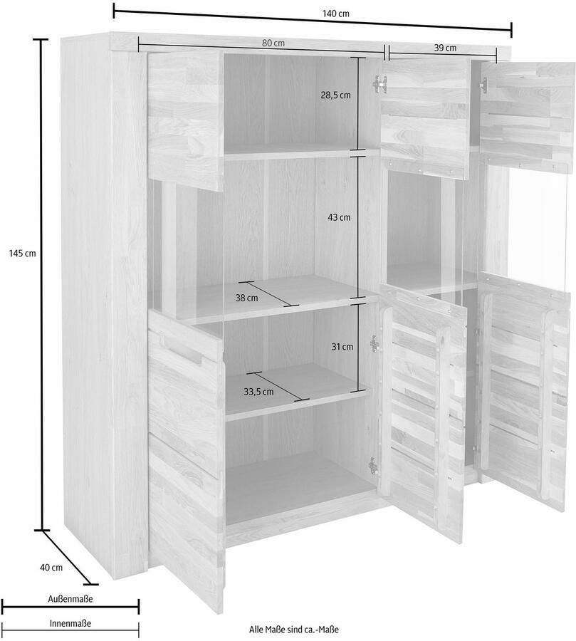 Home affaire Highboard Kolding Breedte 140 cm met 3 glasdeuren