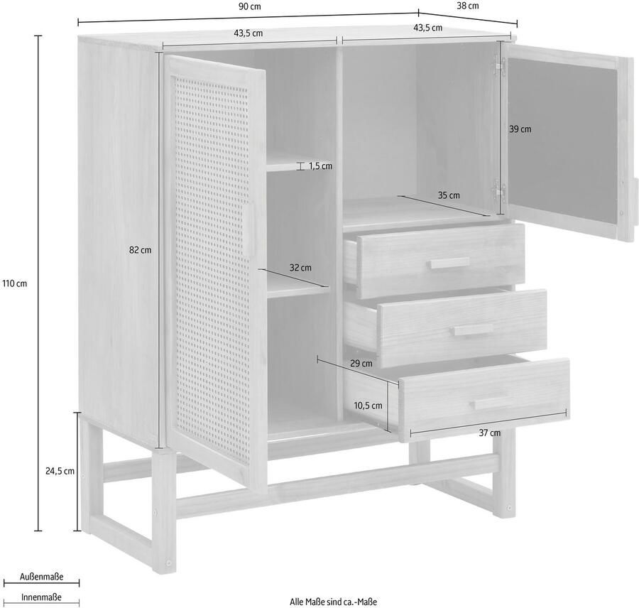 Home affaire Highboard Linz Opbergkast met rotan vlechtwerk op de deurfronten massief hout - Foto 2