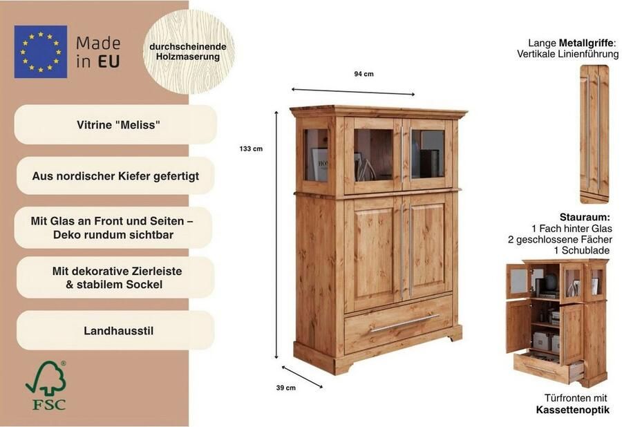 Home affaire Highboard Meliss Breedte 94 cm 4-deurs met lade massief grenen FSC - Foto 4