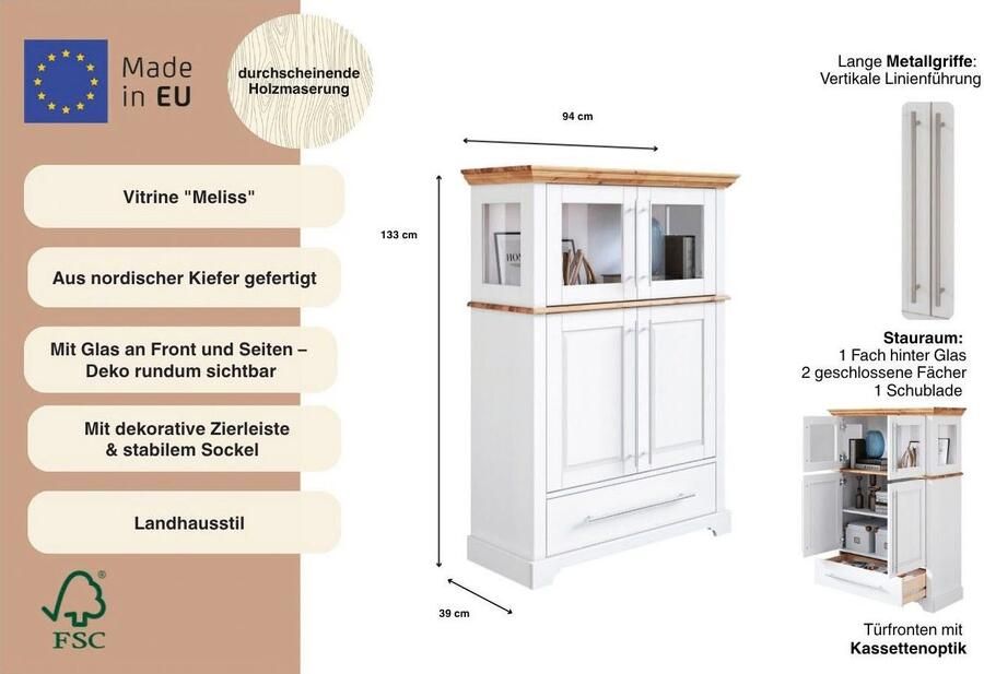 Home affaire Highboard Meliss Breedte 94 cm 4-deurs met lade massief grenen FSC - Foto 4